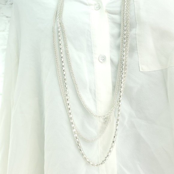 Womens Silver Tone Three Strand Foxtail Chain Fashion Jewelry Layered Necklace - Picture 1 of 12